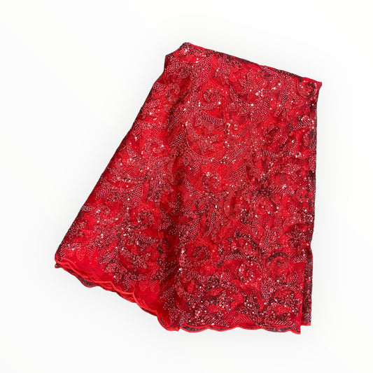 Embroidered Beaded Lace - Red - 1 yard