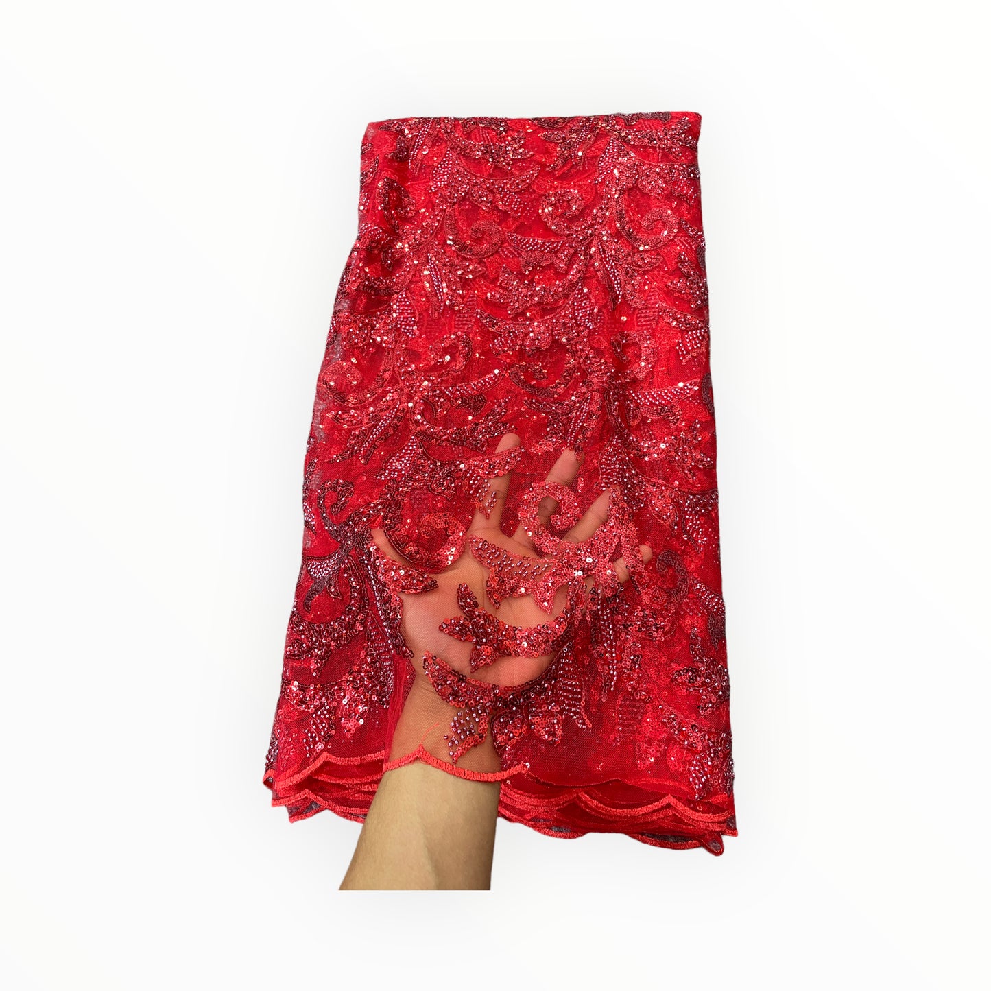 Embroidered Beaded Lace - Red - 1 yard