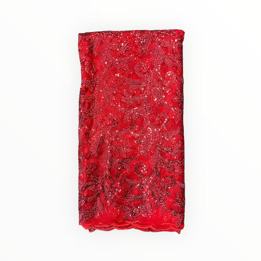 Embroidered Beaded Lace - Red - 1 yard