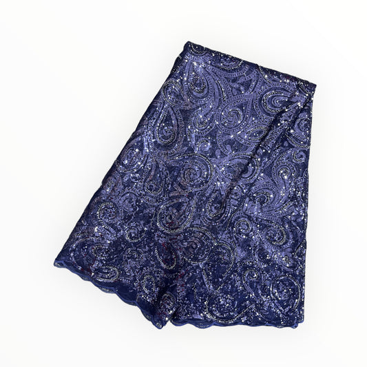Embroidered Beaded Lace - Navy Blue - 1 Yard