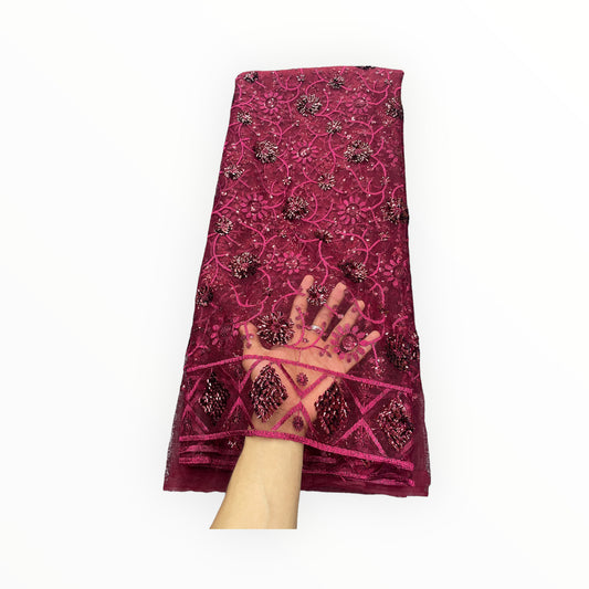 Maroon Silk Embroidery French Lace