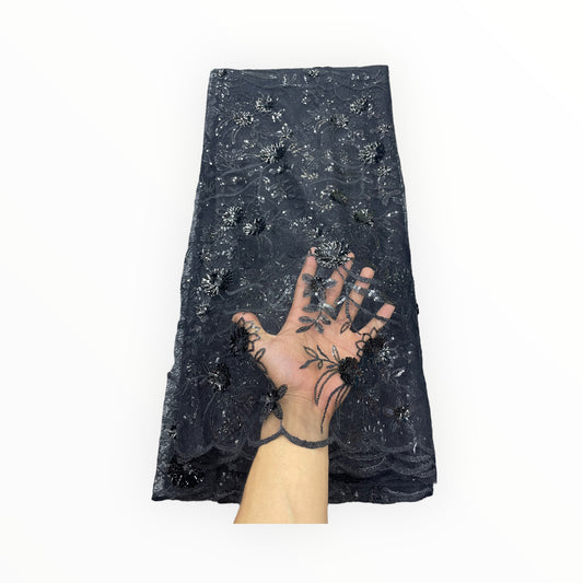 Black Silk Embroidery French Lace - 1 Yard