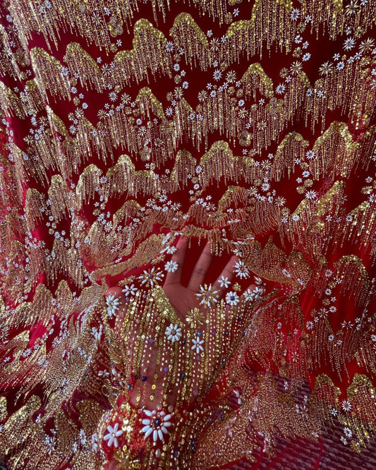 Beaded with Embroidered Rhinestones - Red / Silver - 1 yard