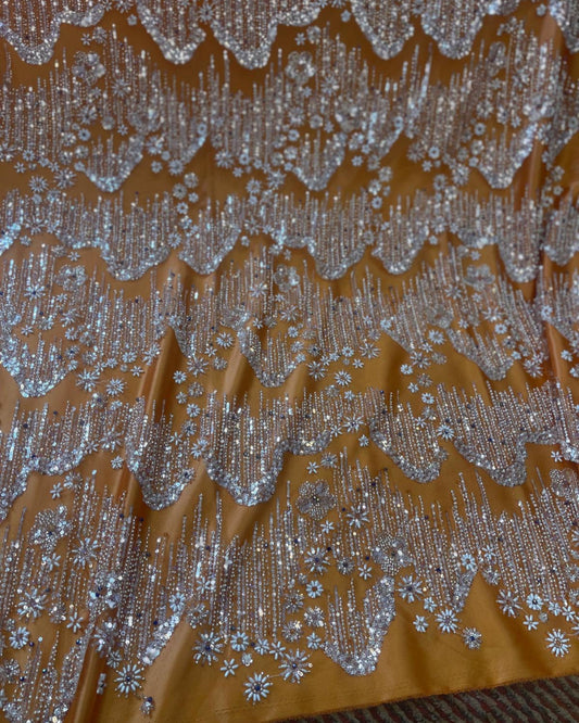 Beaded with Embroidered Rhinestones - Orange / Silver - 1 Yard