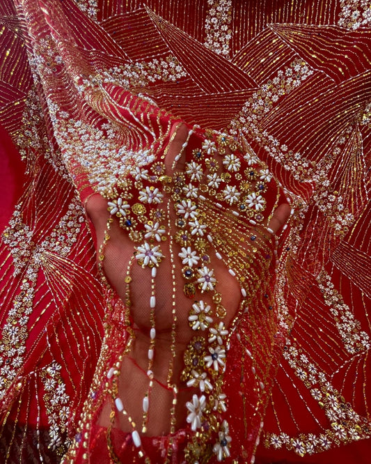 Luxurious Pearl / Beaded Lace - Red / Gold - 1 yard