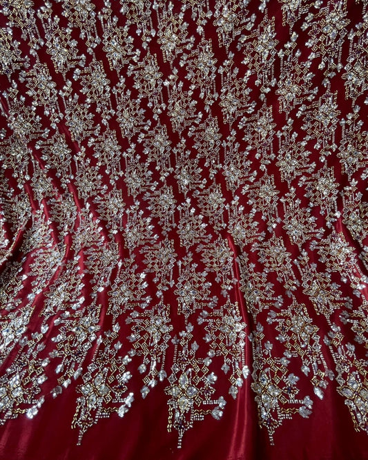 Pearl / Beaded Wedding Dress - Maroon / Gold - 1 Yard