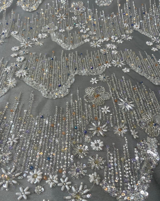 Beaded with Embroidered Rhinestones - Gray / Silver - 1 yard