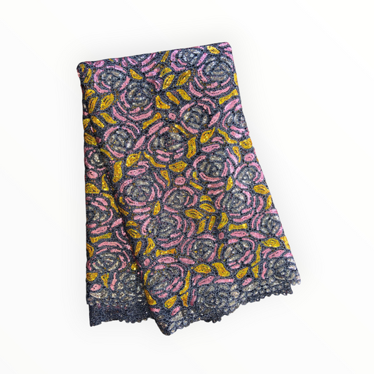 Premium Cord Lace with Sequins in Gray / Pink / Gold – 5 Yards Piece (New Collection)