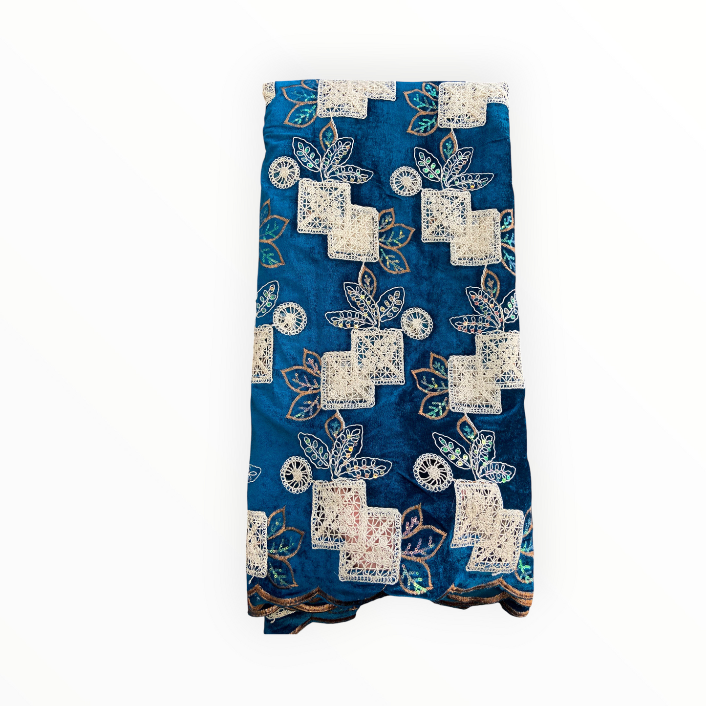 Luxury Velvet Lace Fabric in Teal Green / Off White – 5 Yards Piece (Patterned Design Collection)