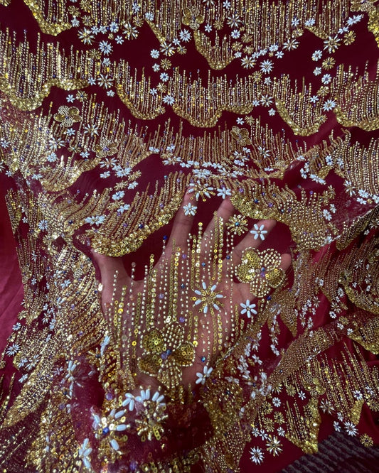 Beaded with Embroidered Rhinestones - Maroon / Gold - 1 yard