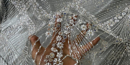 Luxurious Pearl / Beaded Lace - Gray / Silver - 1 yard