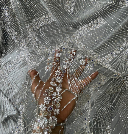 Luxurious Pearl / Beaded Lace - Gray / Silver - 1 yard