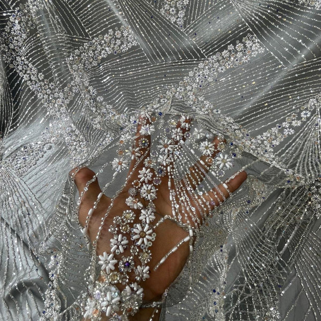 Luxurious Pearl / Beaded Lace - Gray / Silver - 1 yard