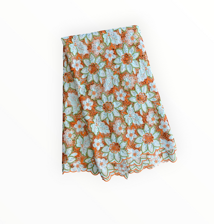 Top Quality Cord Lace Fabric in Lime Green / Orange - 5 Yards