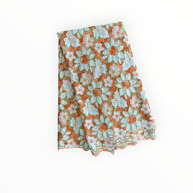 Top Quality Cord Lace Fabric in Lime Green / Orange - 5 Yards