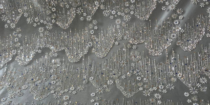 Beaded with Embroidered Rhinestones - Gray / Silver - 1 yard