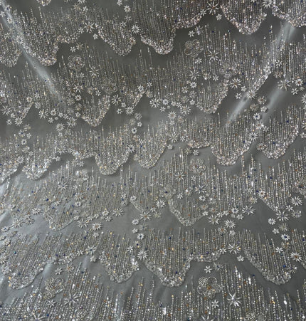 Beaded with Embroidered Rhinestones - Gray / Silver - 1 yard