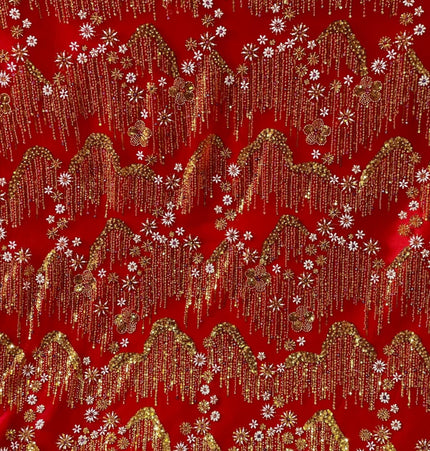 Beaded with Embroidered Rhinestones - Red / Silver - 1 yard