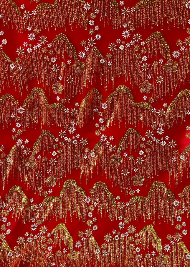 Beaded with Embroidered Rhinestones - Red / Silver - 1 yard