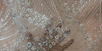 Luxurious Pearl / Beaded Lace - Peach / Silver - 1 yard