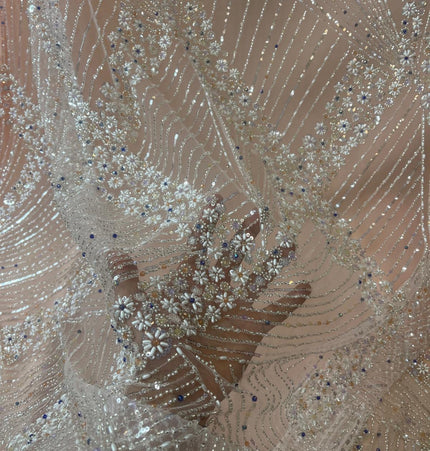 Luxurious Pearl / Beaded Lace - Peach / Silver - 1 yard