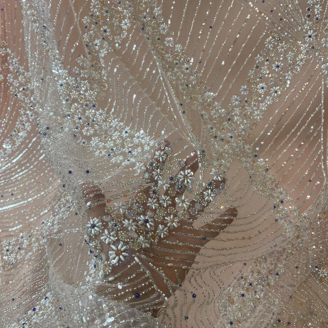 Luxurious Pearl / Beaded Lace - Peach / Silver - 1 yard