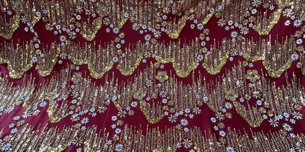 Beaded with Embroidered Rhinestones - Maroon / Gold - 1 yard