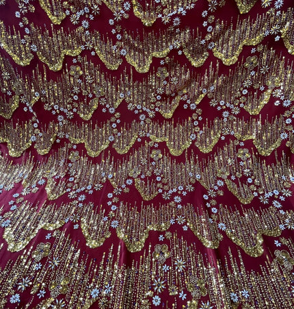 Beaded with Embroidered Rhinestones - Maroon / Gold - 1 yard