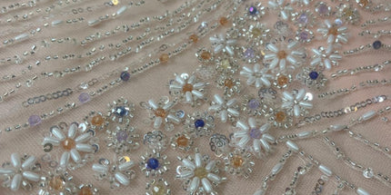 Luxurious Pearl / Beaded Lace - Peach / Silver - 1 yard