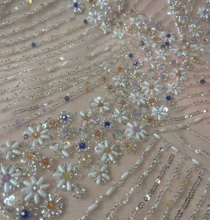 Luxurious Pearl / Beaded Lace - Peach / Silver - 1 yard