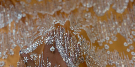 Beaded with Embroidered Rhinestones - Orange / Silver - 1 Yard