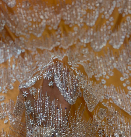 Beaded with Embroidered Rhinestones - Orange / Silver - 1 Yard