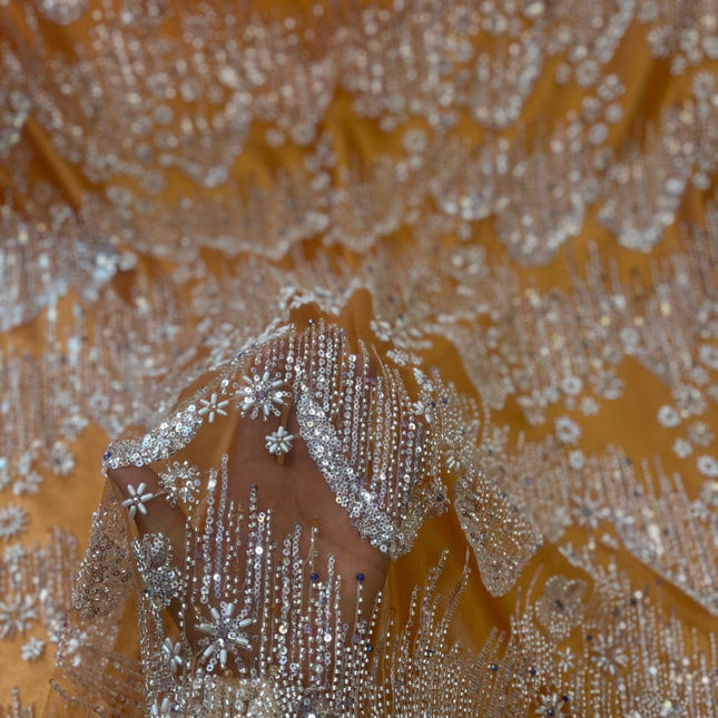 Beaded with Embroidered Rhinestones - Orange / Silver - 1 Yard