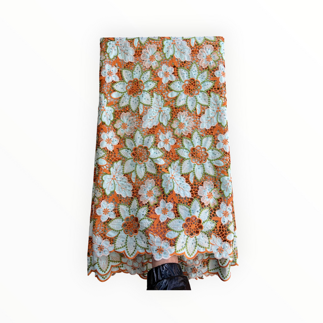 Top Quality Cord Lace Fabric in Lime Green / Orange - 5 Yards