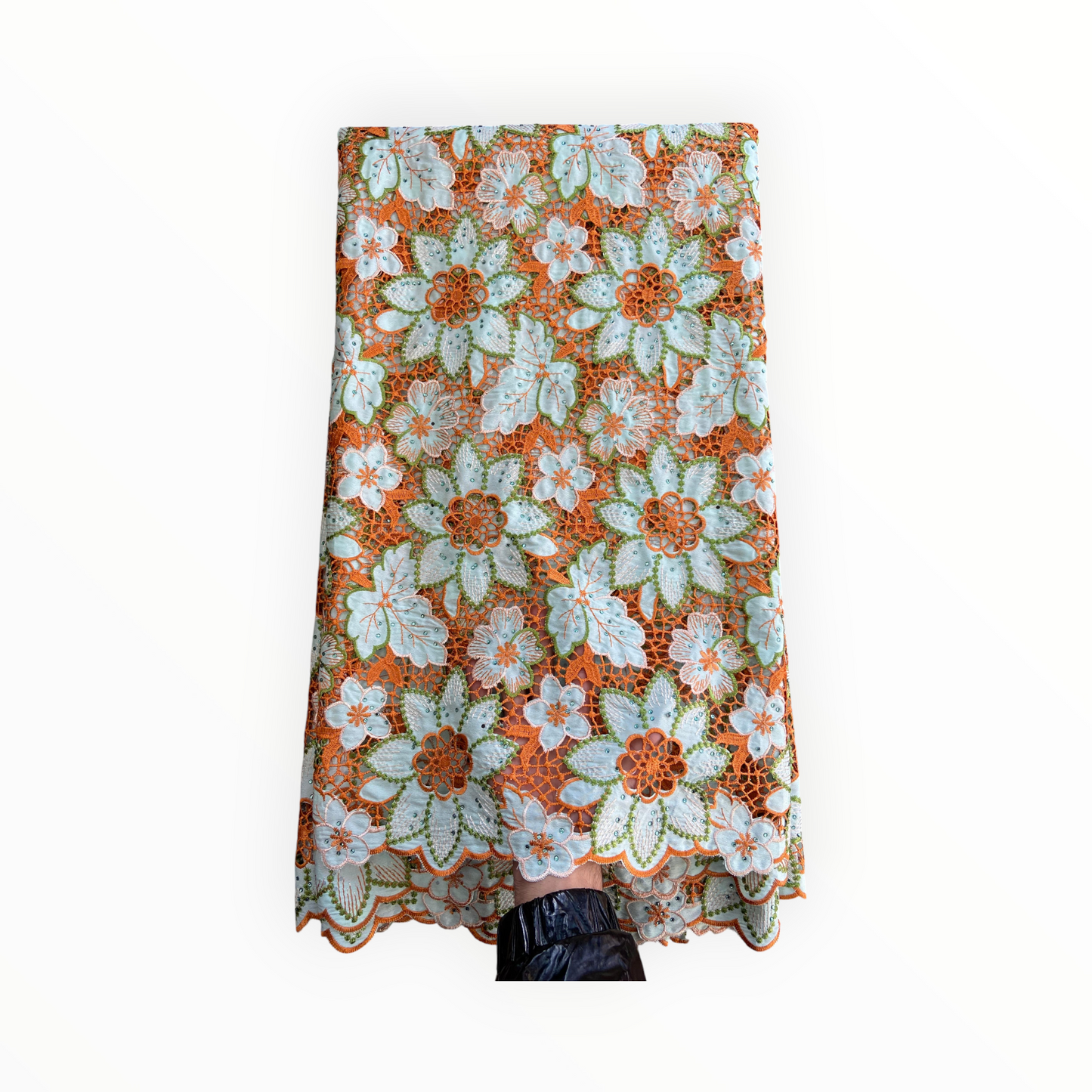 Top Quality Cord Lace Fabric in Lime Green / Orange - 5 Yards