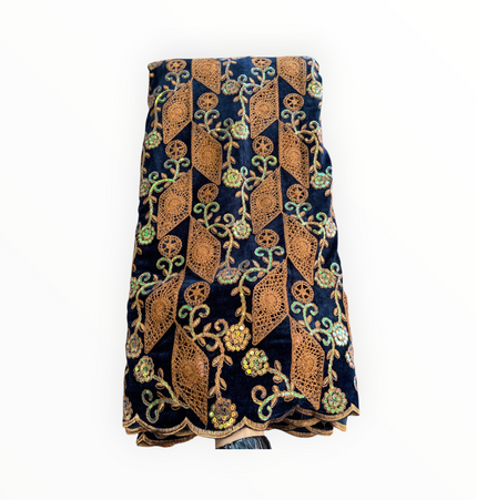 Luxury Velvet Lace Fabric in Navy / Brown – 5 Yards Piece