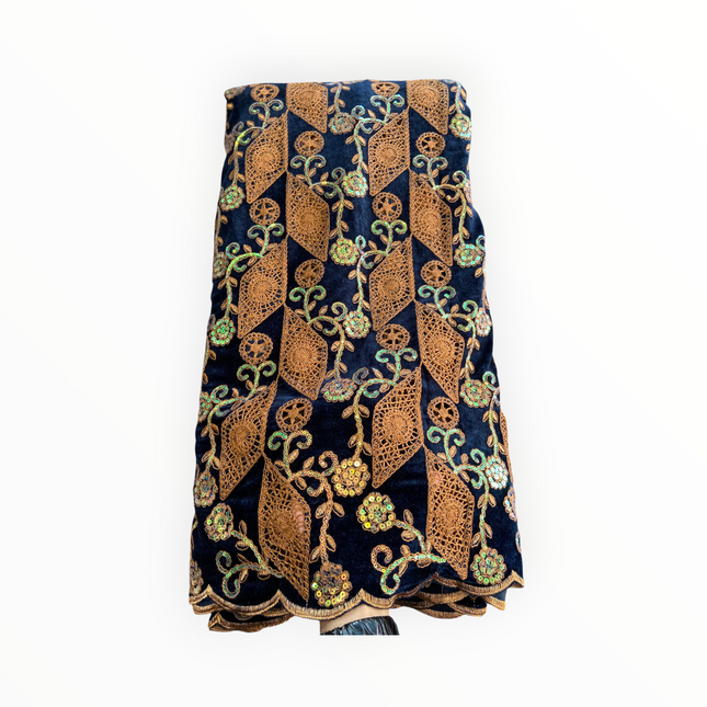 Luxury Velvet Lace Fabric in Navy / Brown – 5 Yards Piece