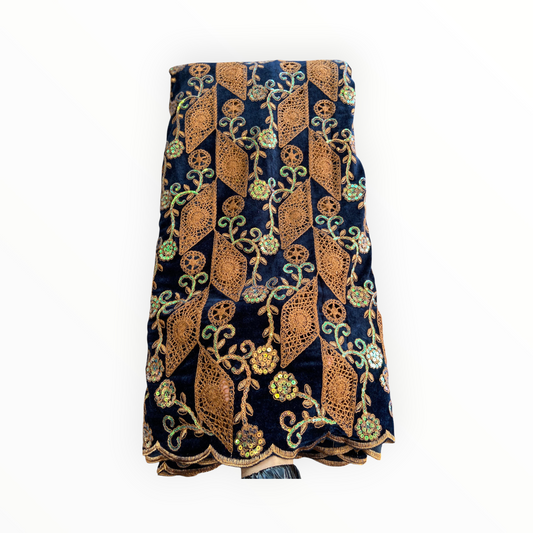 Luxury Velvet Lace Fabric in Navy / Brown – 5 Yards Piece