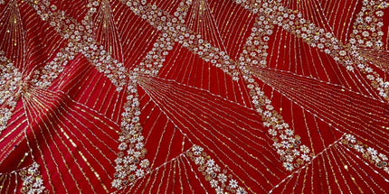 Luxurious Pearl / Beaded Lace - Red / Gold - 1 yard