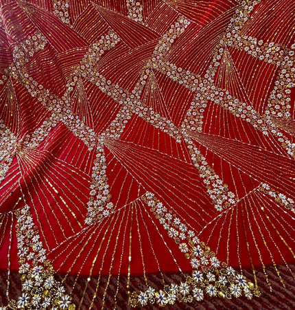 Luxurious Pearl / Beaded Lace - Red / Gold - 1 yard