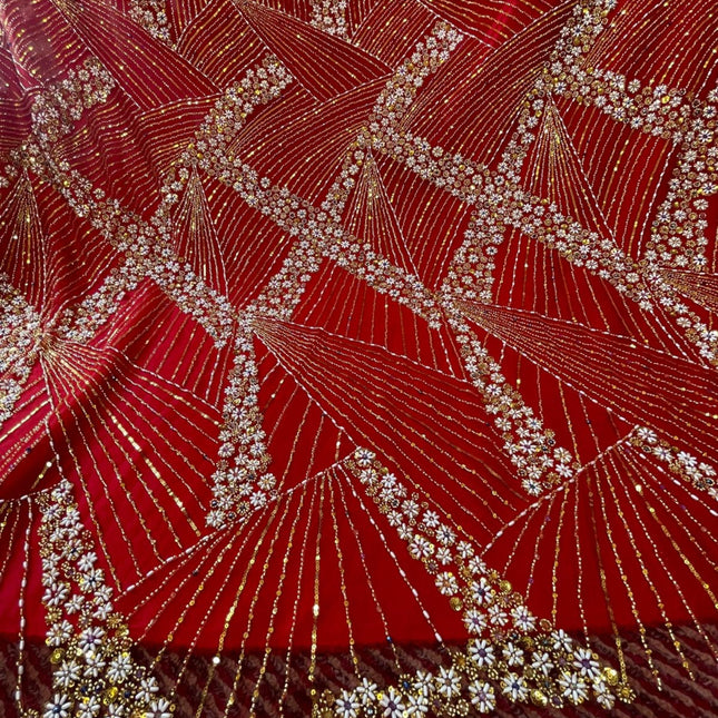 Luxurious Pearl / Beaded Lace - Red / Gold - 1 yard