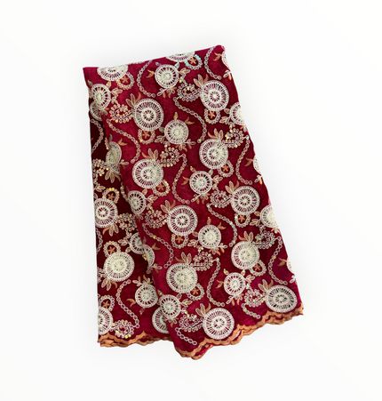 Luxury Velvet Lace Fabric in Maroon / Off White – 5 Yards Piece