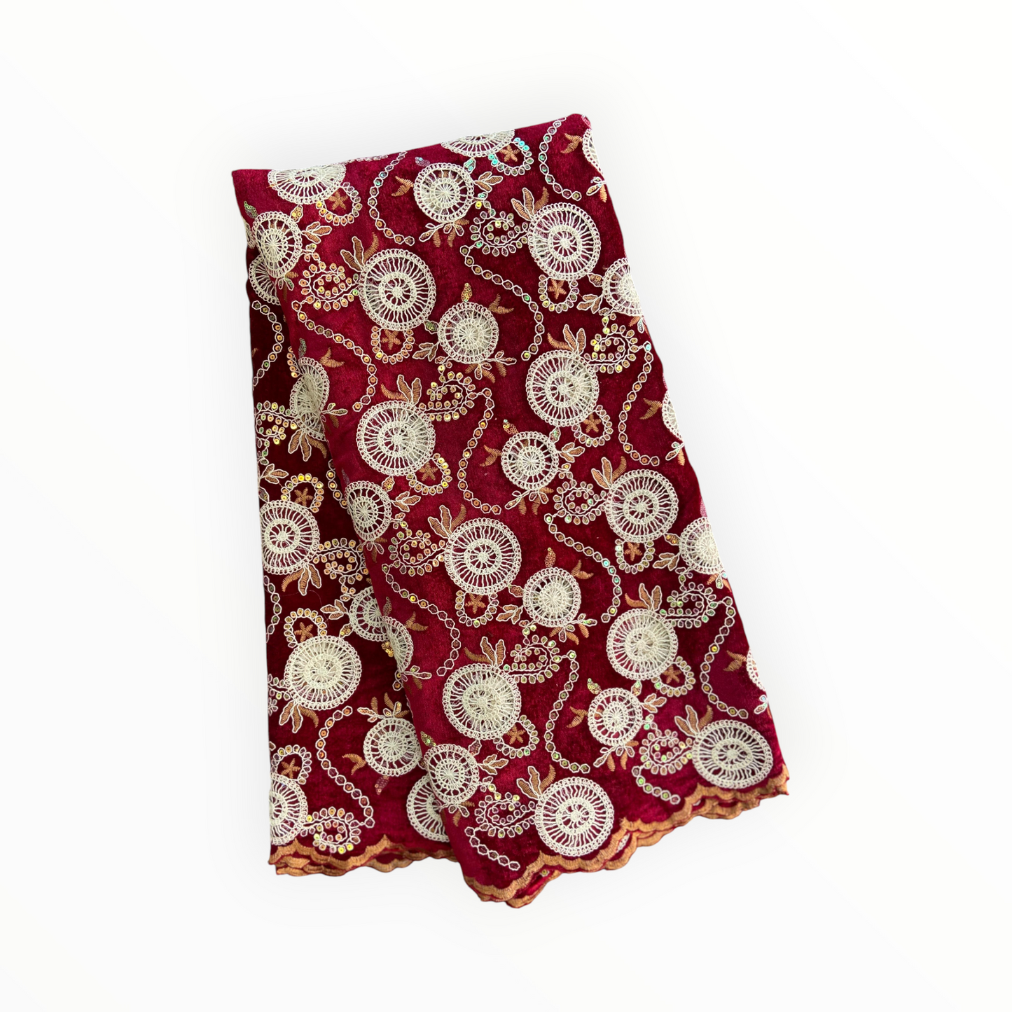 Luxury Velvet Lace Fabric in Maroon / Off White – 5 Yards Piece