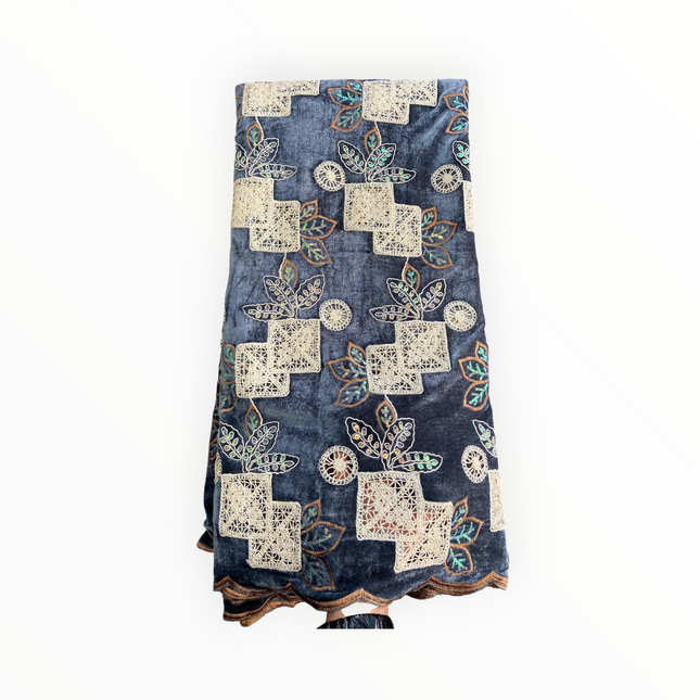 Luxury Velvet Lace Fabric in Gray / Off White – 5 Yards Piece (Patterned Design Collection)