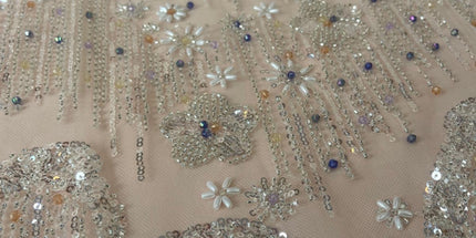 Beaded with Embroidered Rhinestones - Light Pink / Silver - 1 yard