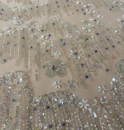 Beaded with Embroidered Rhinestones - Light Pink / Silver - 1 yard