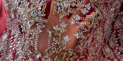 Pearl / Beaded Wedding Dress - Maroon / Gold - 1 Yard