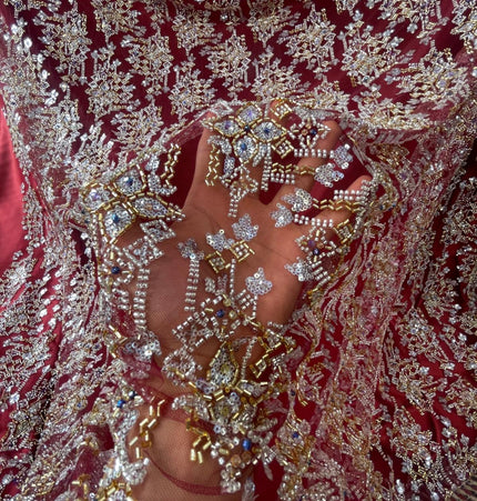 Pearl / Beaded Wedding Dress - Maroon / Gold - 1 Yard