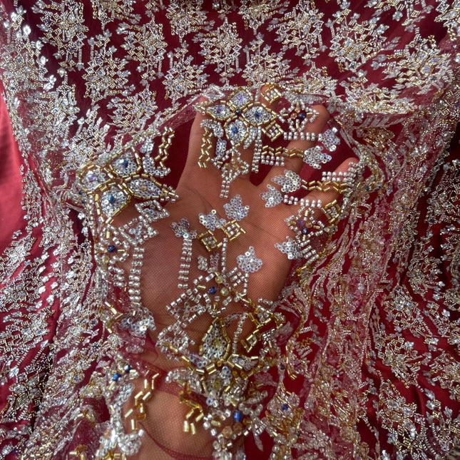 Pearl / Beaded Wedding Dress - Maroon / Gold - 1 Yard