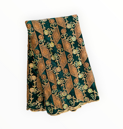 Luxury Velvet Lace Fabric in Green / Brown – 5 Yards Piece